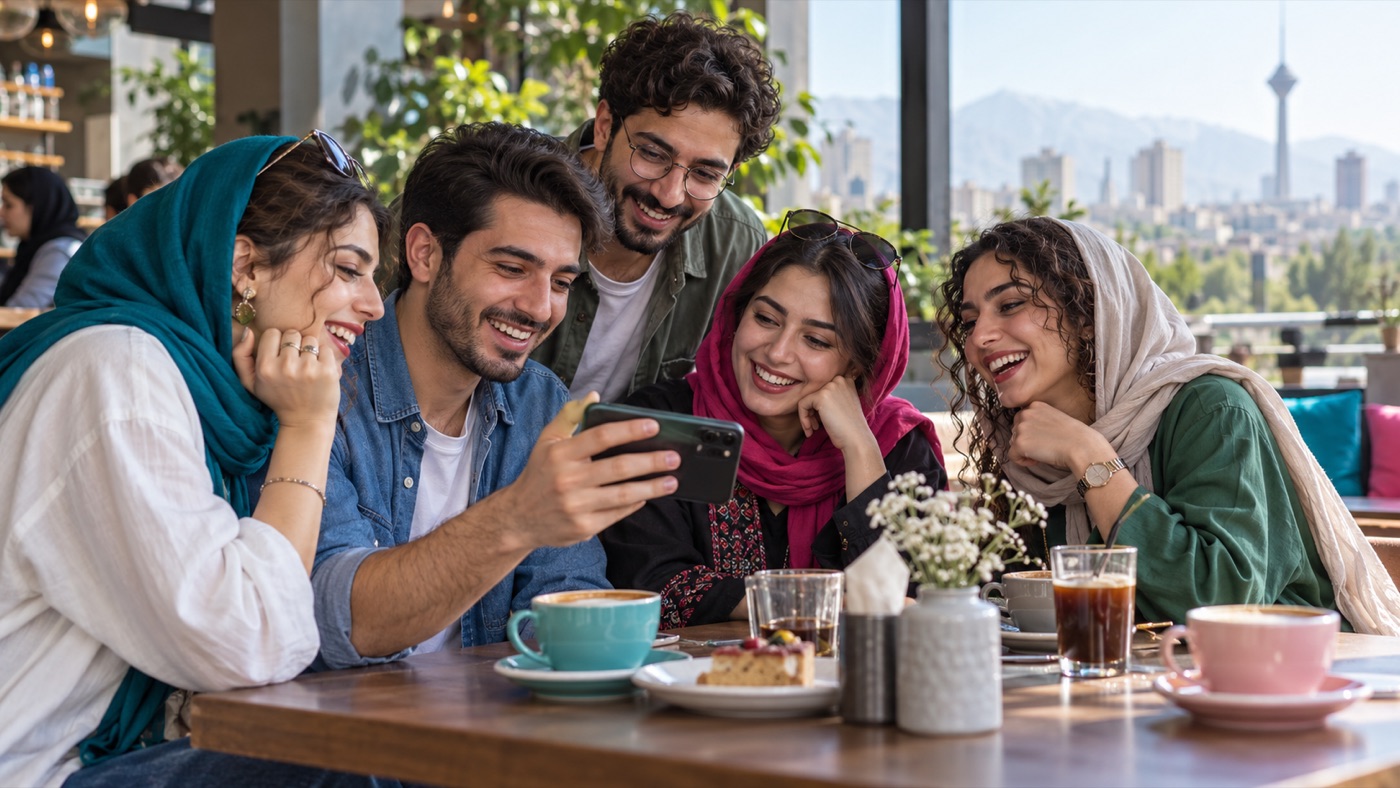 گروهی از دوستان در حال تماشای تصاویر و گفتگو در یک کافه
